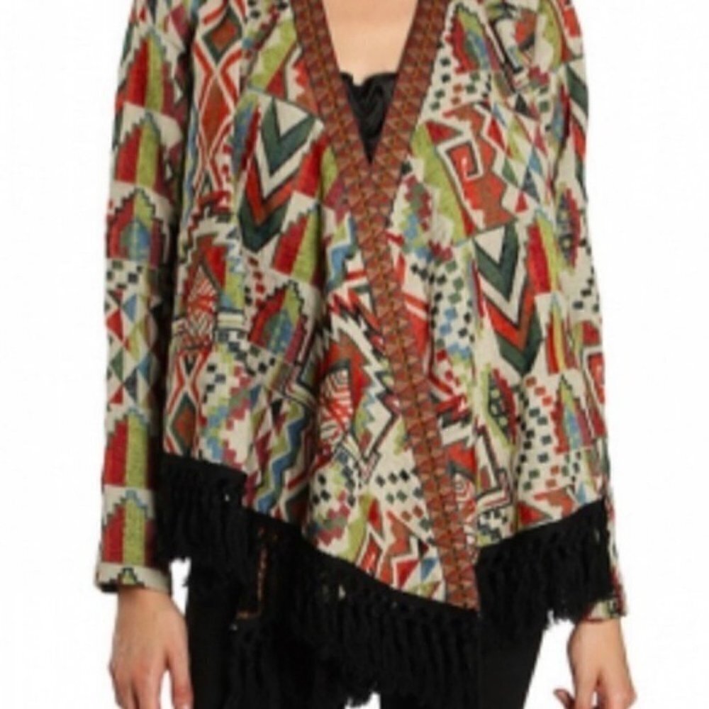 Ryu Open Jacket Medium M Womens Southwestern Fringe Multicolor Fitted Sleeves